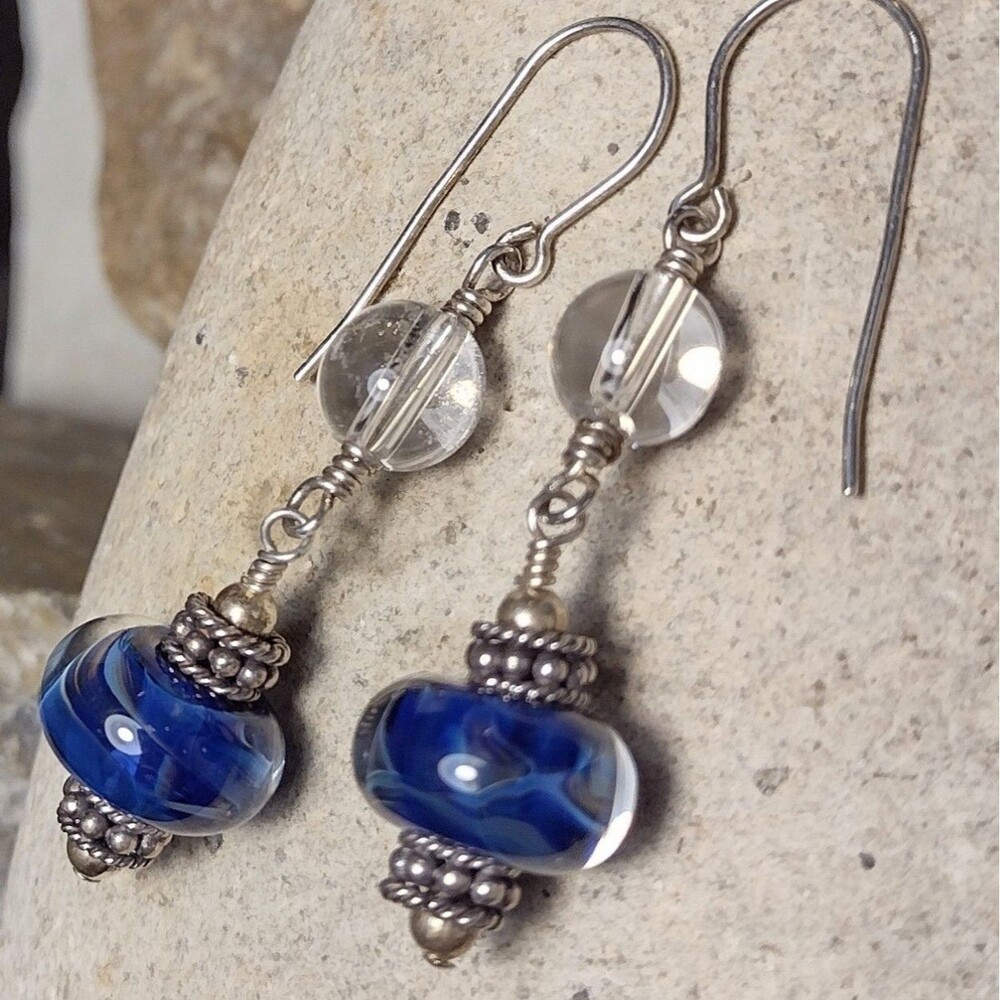 Sterling Silver .925 Blue Studio Glass Beaded Dangle Earrings